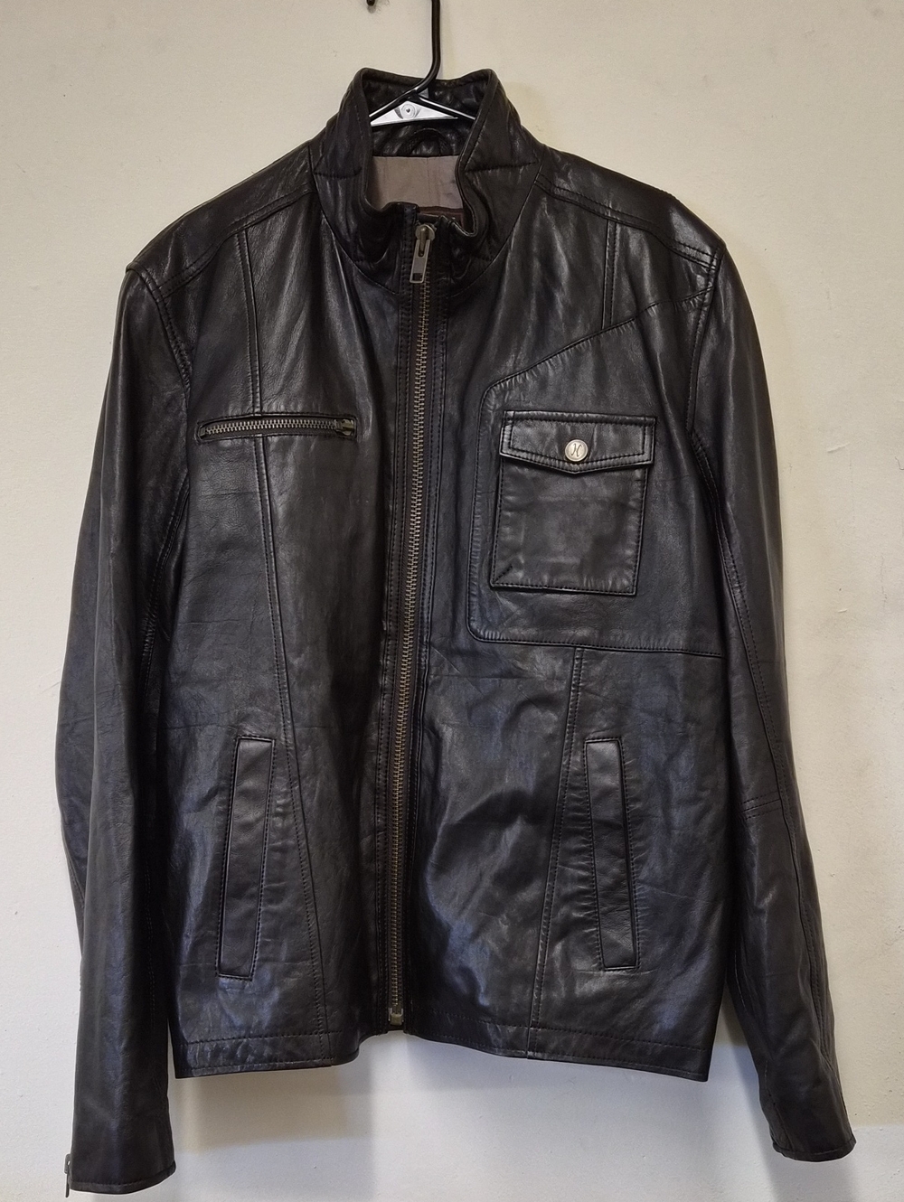 Cole Haan Black Leather Zip-Front Bomber Jacket Size L